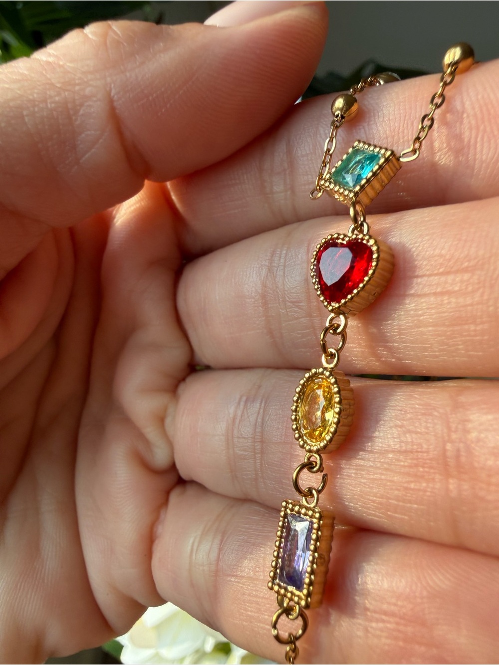 Gold Multicolor Gemstone Hand Chain Bracelet - Women Jewelry - Picture 7 of 7
